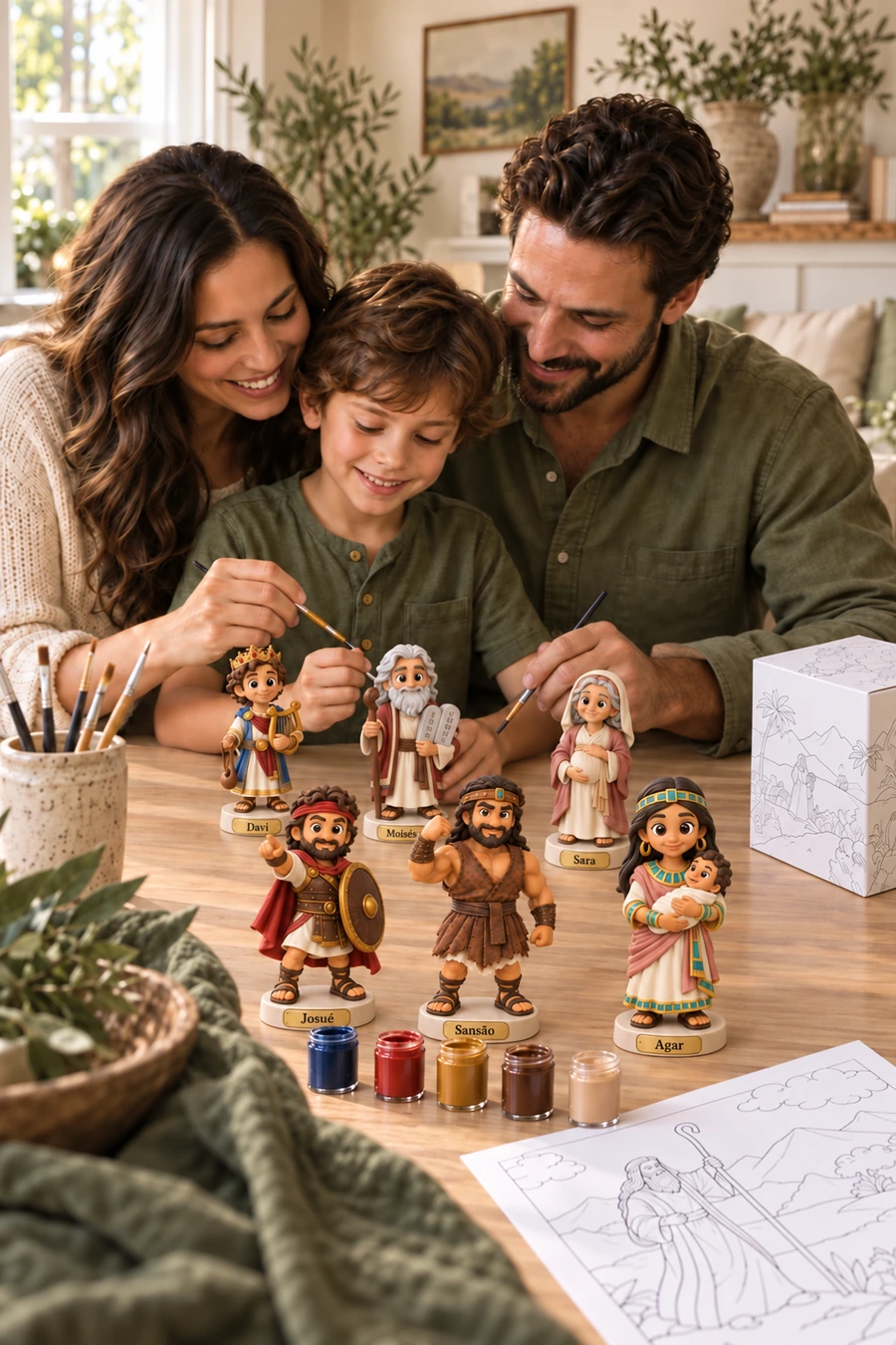 Família pintando personagens bíblicos da coleção Pintura Divina