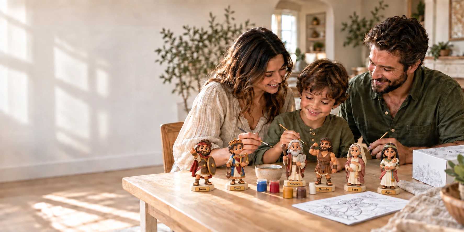 Família criando junta ao redor de uma mesa com tintas e personagens bíblicos