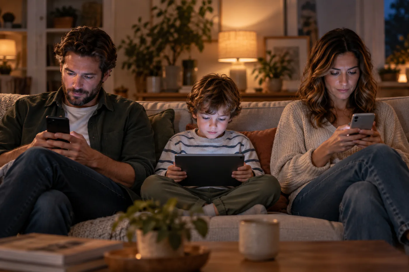 Pai, filho e mãe sentados juntos, cada um concentrado em uma tela